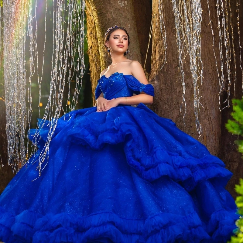 Royal Blue Shiny Quinceanera Dresses Off The Shoulder Lace Beads Tull Tiered Mexican Vestidos De 15 Anos Princess Sweet 16 Birthday Party Dress