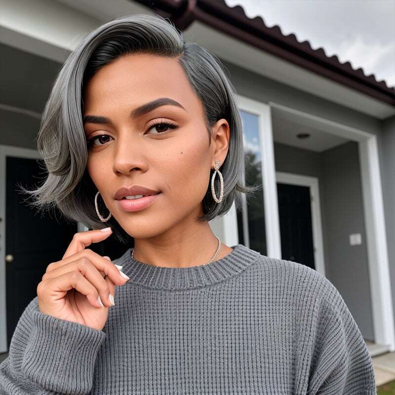 Salt And Peppe Short Bob 5X5 Closure Natural Wave Gray Brazilian Human Hair Lace Front Wig For Black Women