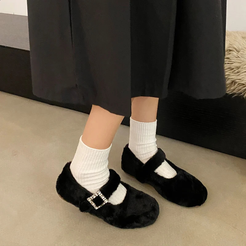 Fur Ballet Apartment Womens Crystal Buckle Mary Janes Winter Warm Plush Coat Rhinestone Evening Dress 240914