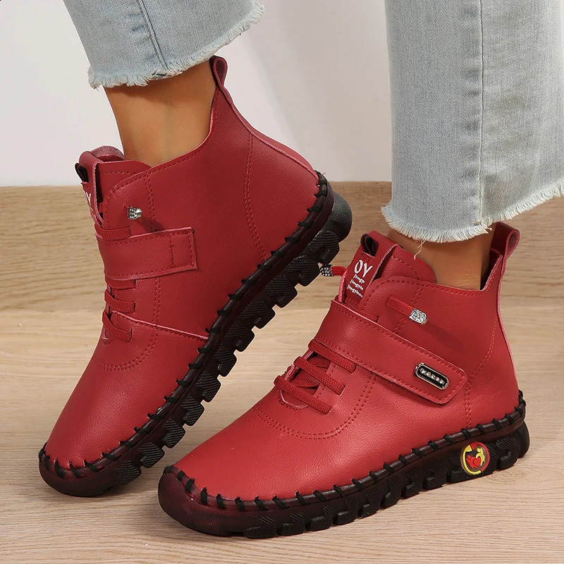 Pu leather red boots womens soft soled orthopedic autumn and winter shoes womens plus size wool ankle boots womens Mom Moccasins 240914