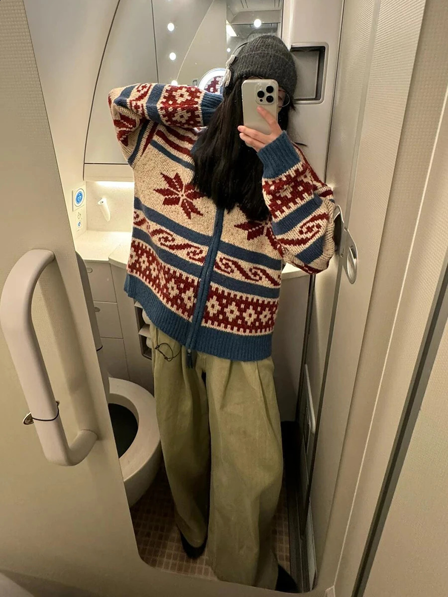 REDDACHiC Retro Fair Isle Cardigan Sweater Women Lapel Long Sleeves Zip Up Oversize Chunky Knit Jacket Coat Warm Winter Clothes 240914