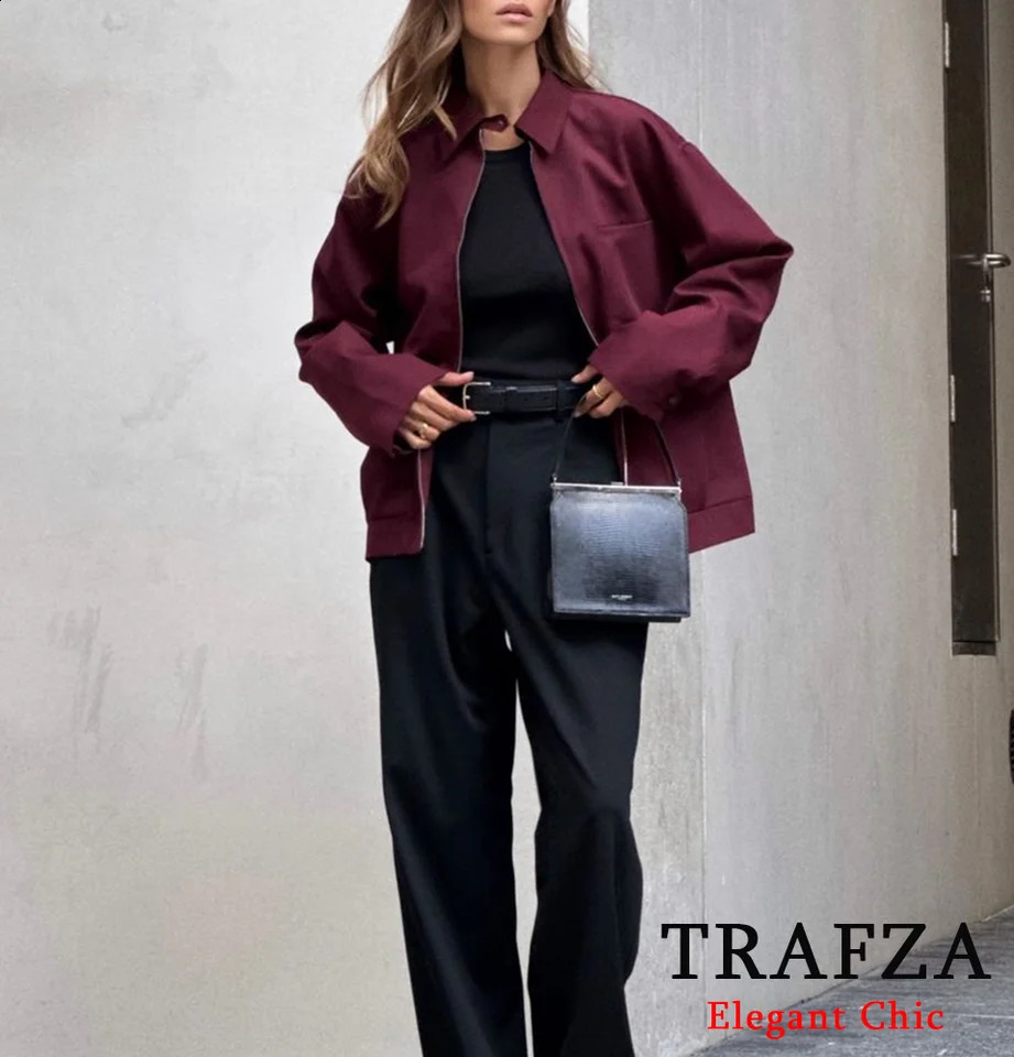 TRAFZAWomen Vintage Loose Zipper Jacket Lapel Burgundy Color 2024 Autumn Fashion Versatile Street Outwear 240907