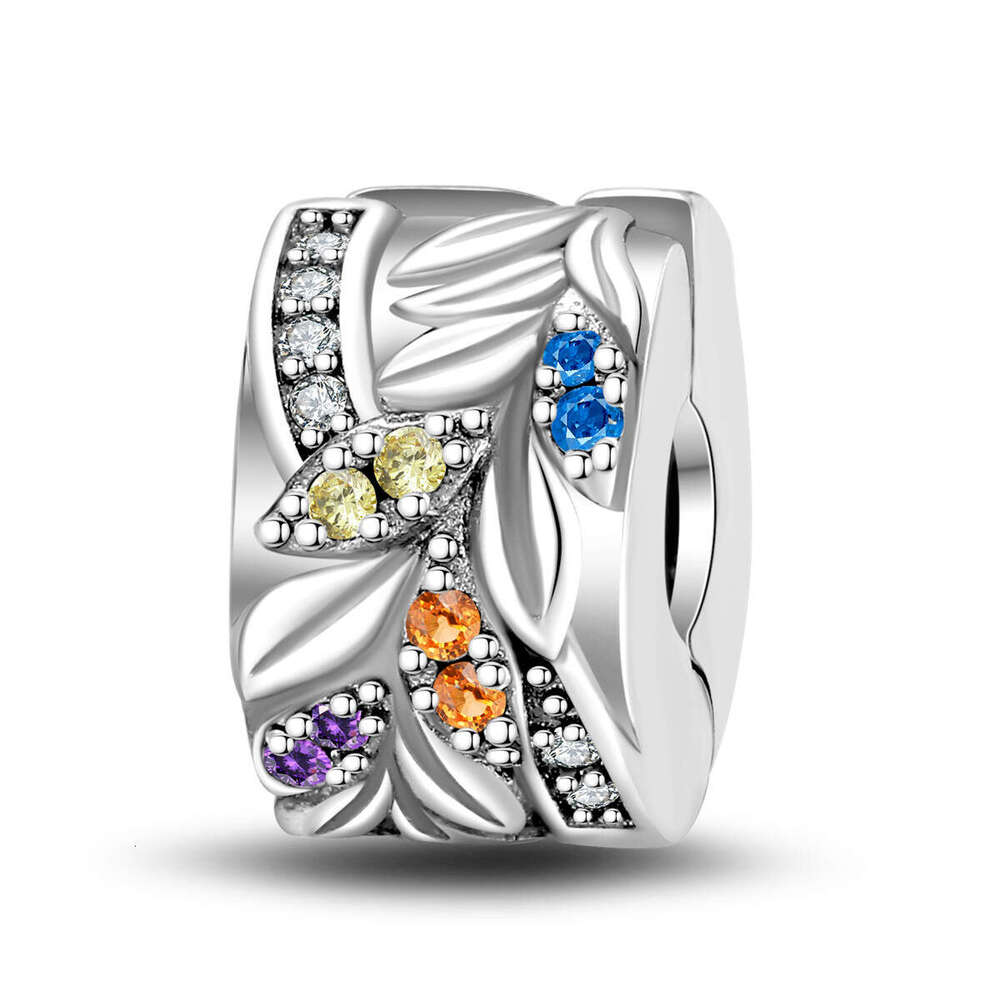 New 925 Sterling Silver Charm Colorful Stone Leaf Buckle Feather Pendant with blue enamel beads Fit Charms Silver 925 Original Bracelet DIY Jewelry Ma