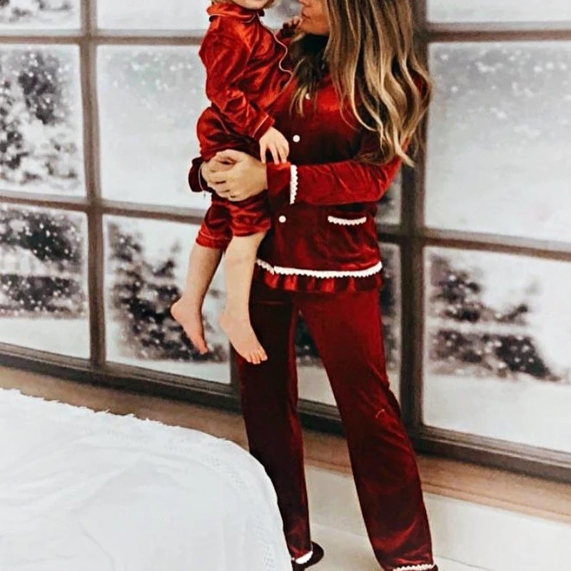 1-14Y Baby Boy Girl Christmas Essential Warm Winter Red Velvet Pajamas Set Toddler Long Sleeve Lace Sleepwear Kids Clothing Suit 240913