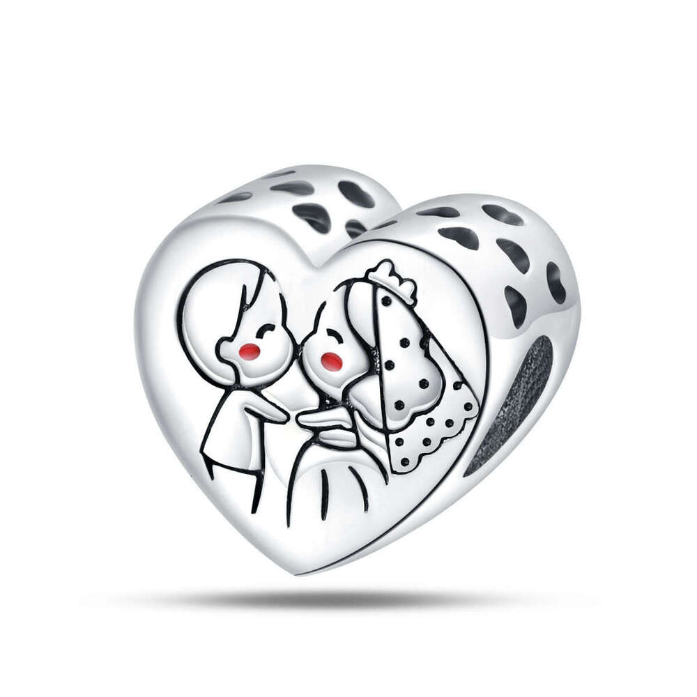 New 925 Sterling Silver Charm Romantic couple pendant with hollow out heart cz ring beads Fit Charms Silver 925 Original Bracelet DIY Jewelry Making F