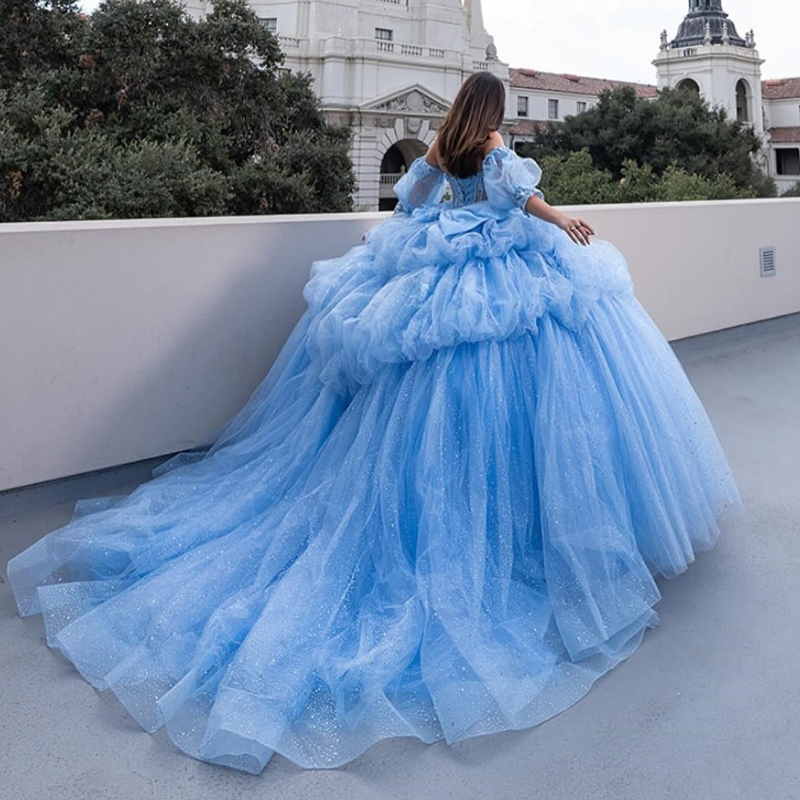 Sparkly Princess Off Shoulder Quinceanera Dresses Lace Beads Bow Tull Sweet 16 Ball Gown Vestidos De 15 Anos