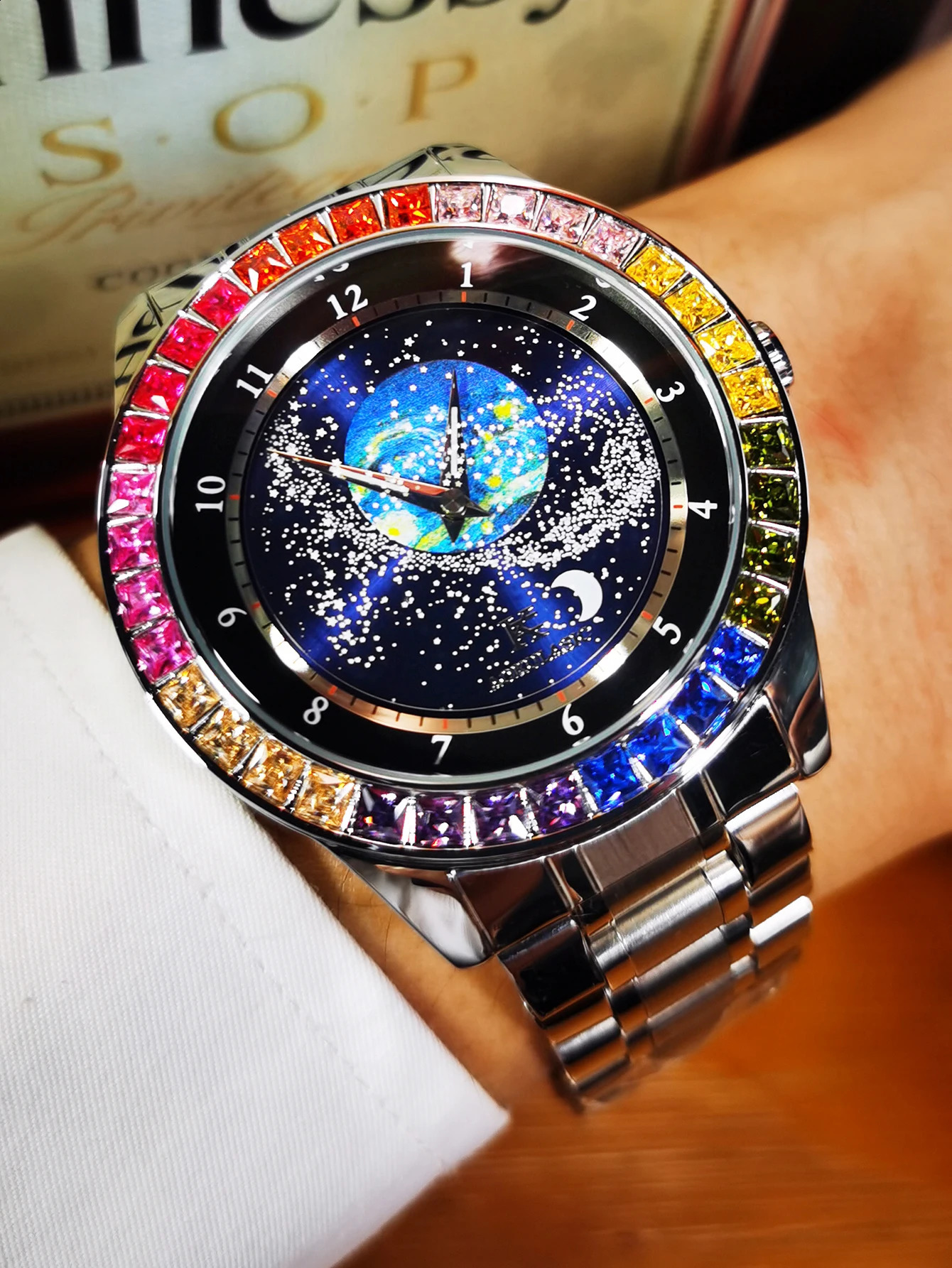 Mechanical Watch for Men Rotating Star Dial Fashion Rainbow Case Automatic Watches Genuine Leather Strap Wristwatch 240906