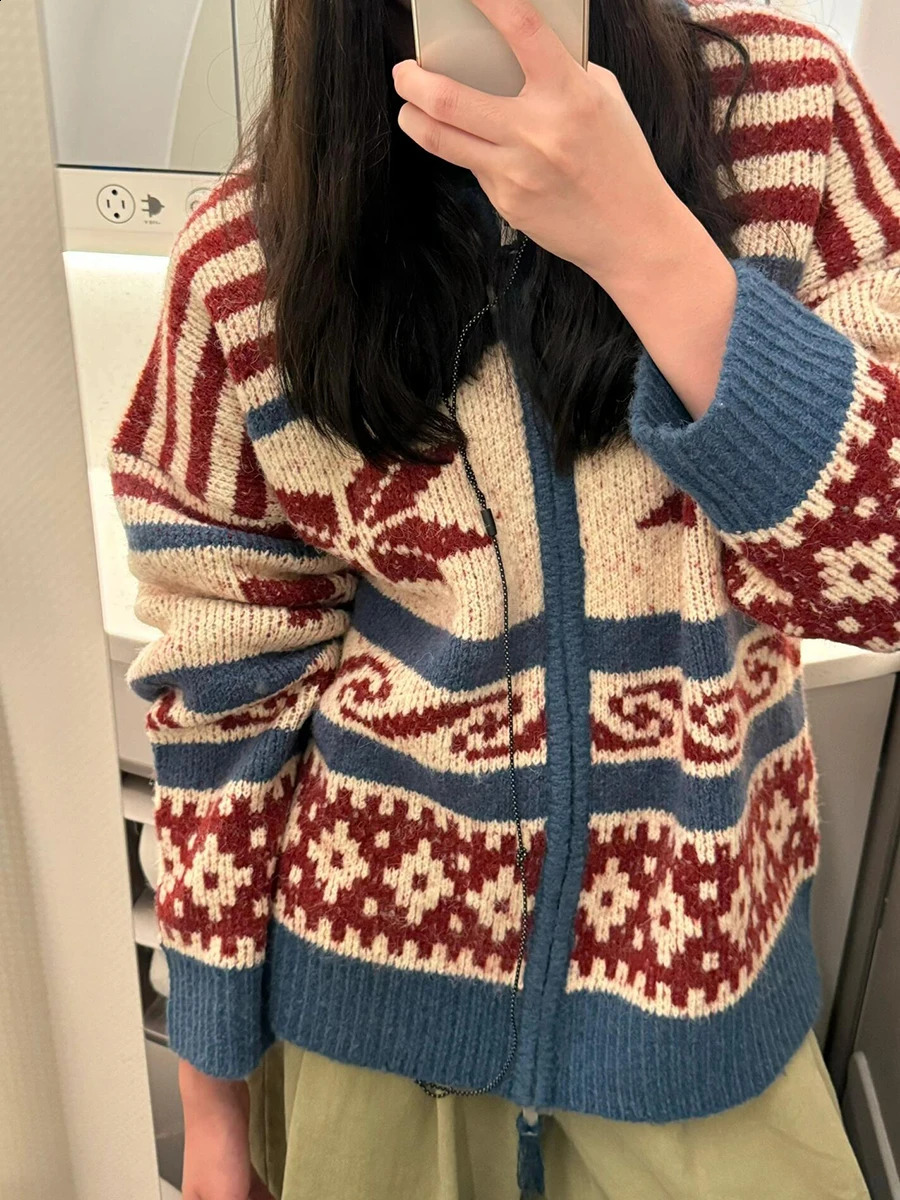 REDDACHiC Retro Fair Isle Cardigan Sweater Women Lapel Long Sleeves Zip Up Oversize Chunky Knit Jacket Coat Warm Winter Clothes 240914