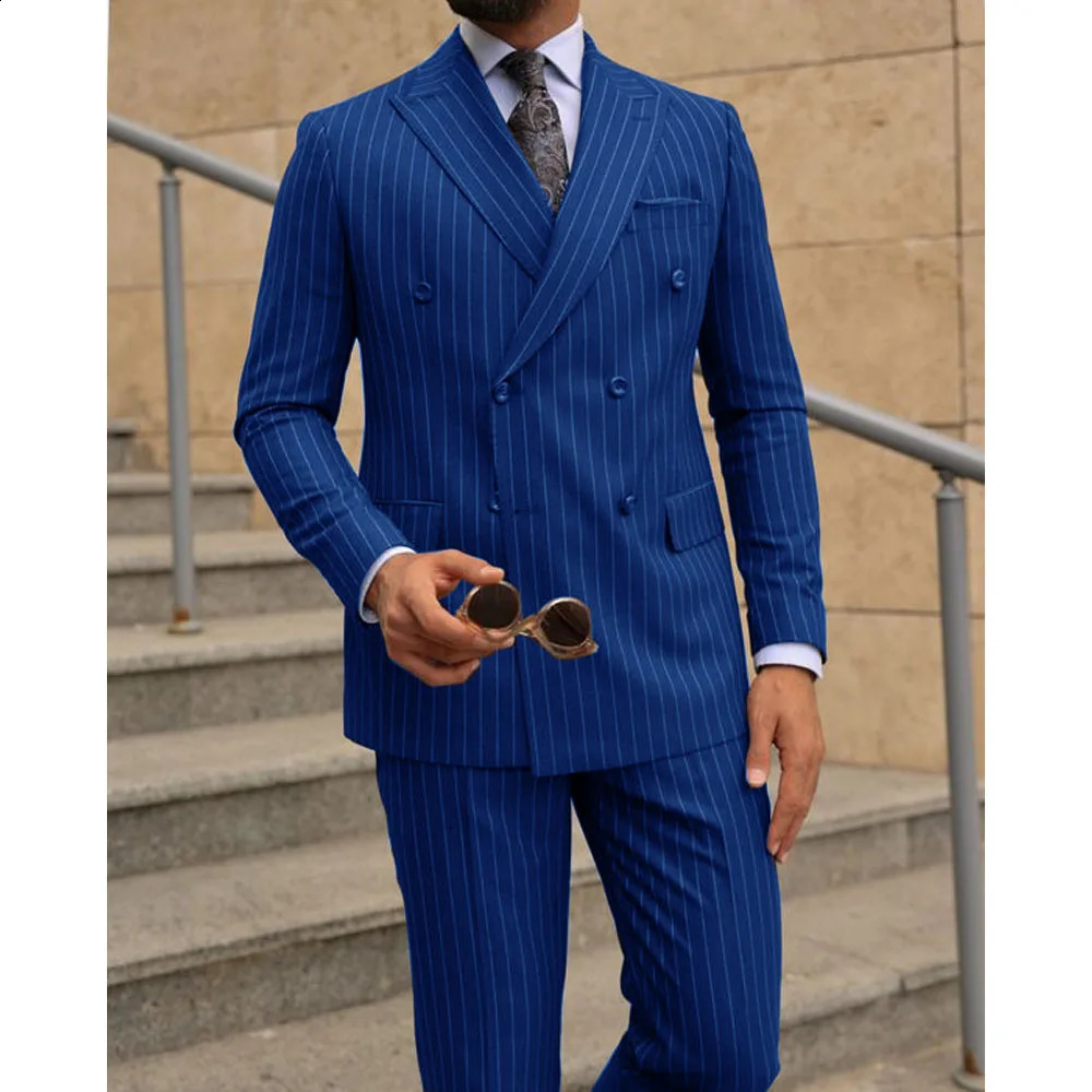 Mens Set of Twopiece Striped Double Breasted Dress Suit Elegant Man Gentleman Clothes Male Suits Formal Wedding Clothing 240914