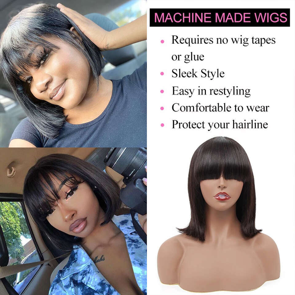 Straight With Bangs Full Hine Made Brazilian Remy Human Hair No Lace Bob Wigs For Woman