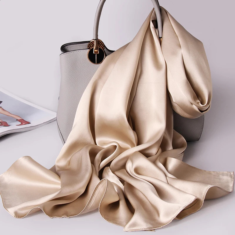 100% Natural Silk Scarf Women Long Silk Shawl Real Silk Neckscarf Bufanda Silk Plain Satin Head Scarves Foulard Femme 240909