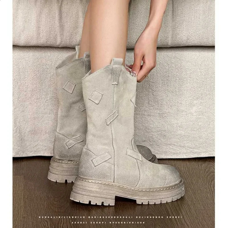 Womens retro western cowboy boots autumn mid-range round toe shoes outdoor anti slip er Botas Ankle Flats Mujer Zapatos 240914