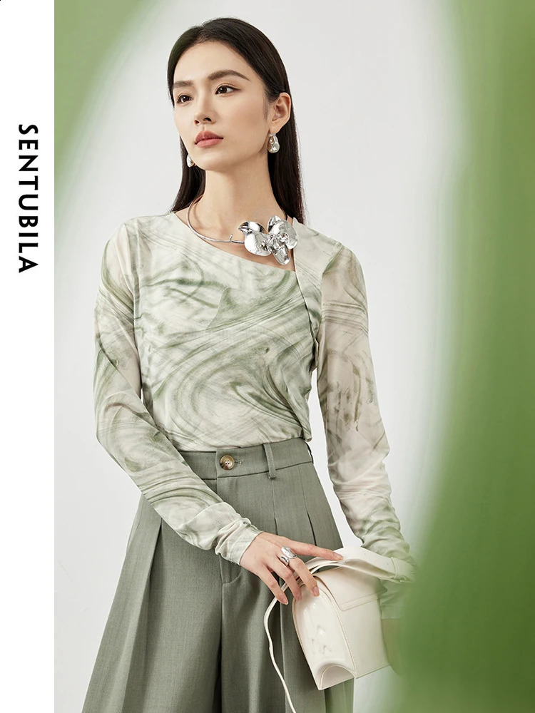 SENTUBILA Womens Soft Mesh Tshirt Fashion Tie Dye Asymmetric Skeleton Collar High Tension Pulling Long Sleeve Top 141T53407 240913