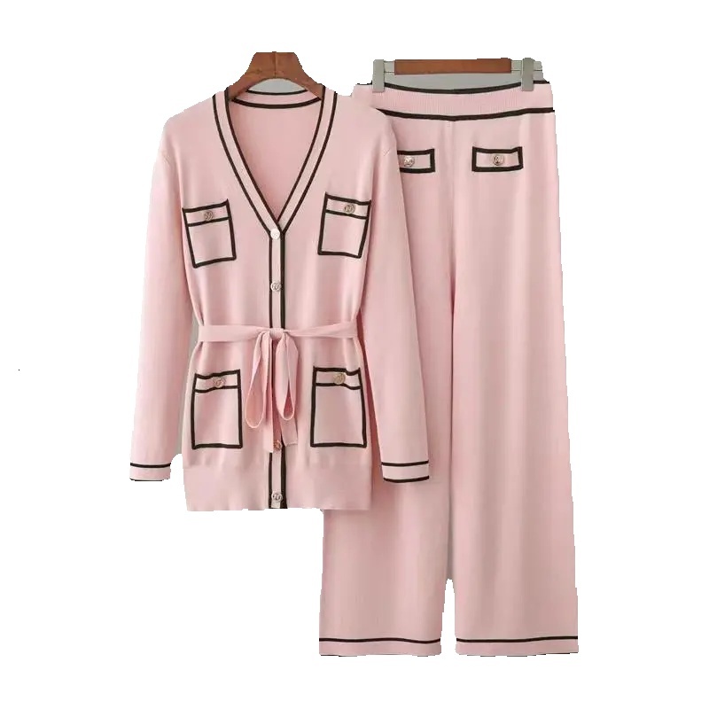 Spring Autumn Long-Sleeved Knitted Suit Womenv-Neck Cardigan Coat +Wide-Leg Pants Two-Piece Sets Fashion Pocket Top+Trousers