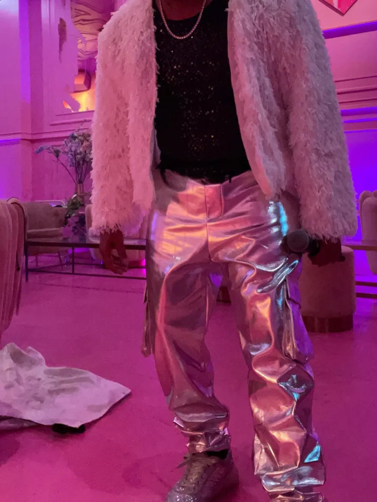 Mens streetwear hip-hop punk silver leather pants mens shiny metal pants personalized harem pants multi pocket cargo pants 240913