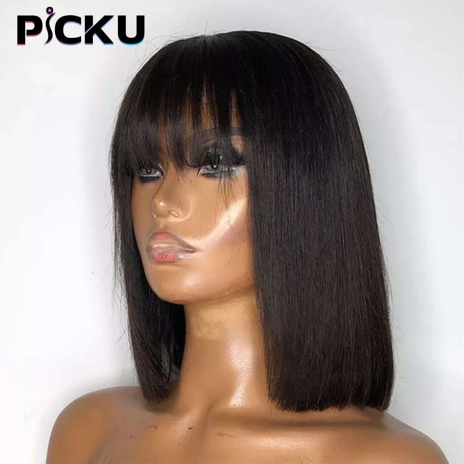 Straight With Bangs Full Hine Made Brazilian Remy Human Hair No Lace Bob Wigs For Woman