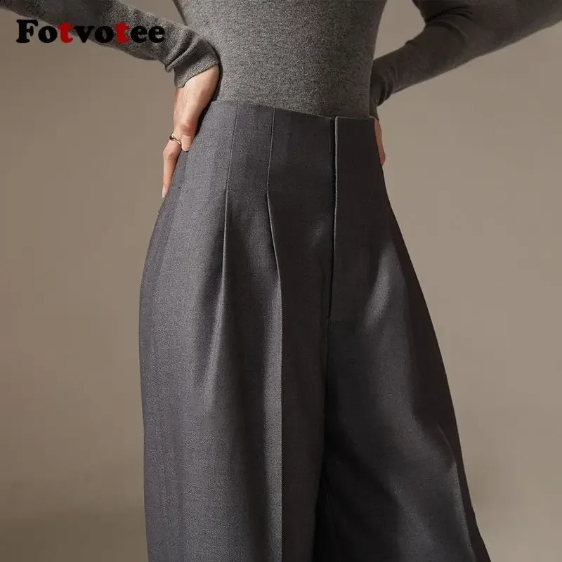 FOTVOTEE Womens High Waist Pants Black Folded Fashion Casual Solid Wide Leg Straight 240914