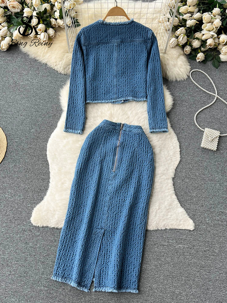 SINGREINY Women Office Lady Denim Suits 2023 Sleeves Autumn Blouse+Split Long Skirt Vintage Fashion Jeans Two Pieces Sets