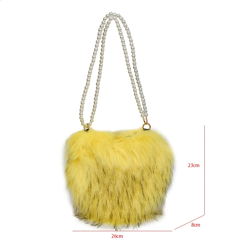 10 Color Soft Plush Bag Women Retro Pearl Chain Crossbody Bag Faux Fur Evening Clutch Bag Handbag Red Heart Bag Purse 240909