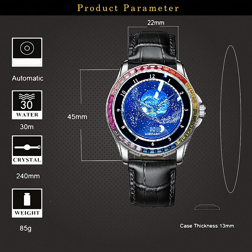 Mechanical Watch for Men Rotating Star Dial Fashion Rainbow Case Automatic Watches Genuine Leather Strap Wristwatch 240906