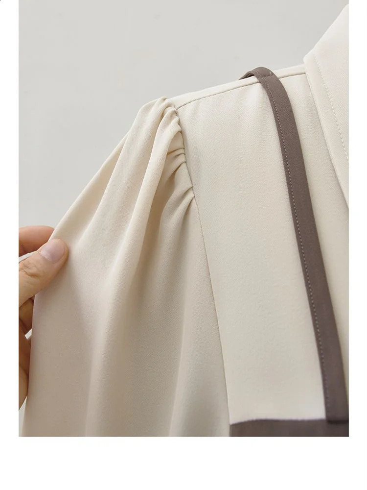 Autumn brown shirt dress elegant womens workwear long sleeved retro patch cute Harajuku 240913