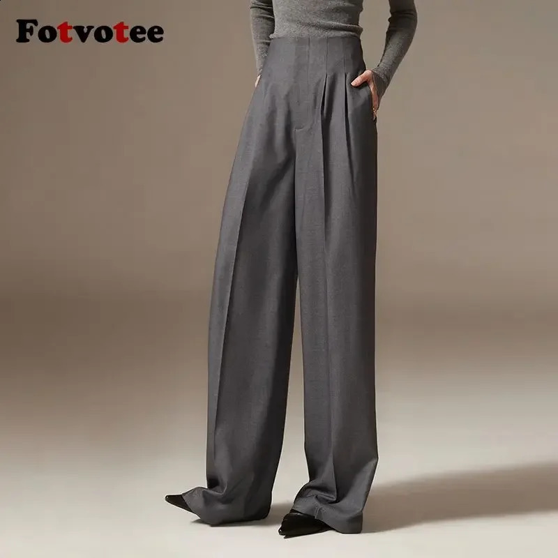 FOTVOTEE Womens High Waist Pants Black Folded Fashion Casual Solid Wide Leg Straight 240914