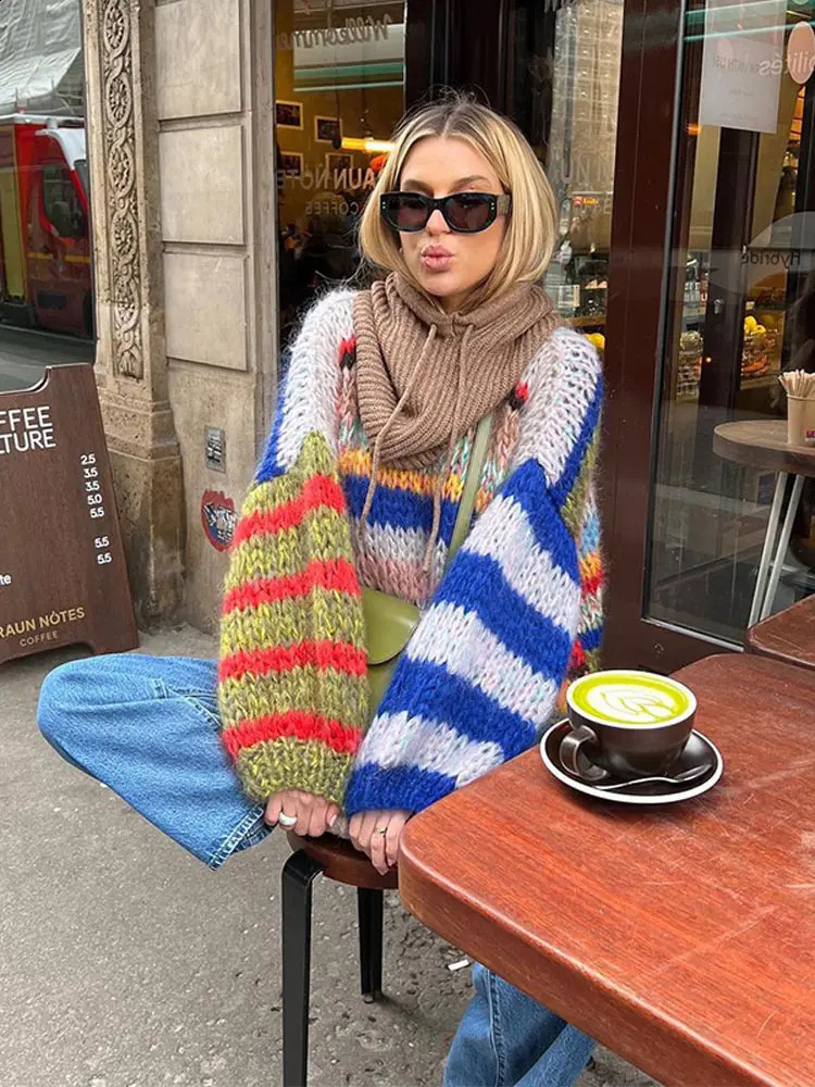 Elegant O-neck long puff sleeve knitted floral womens fashionable colorful striped oversized sweater 2024 fashionable womens coat 240914