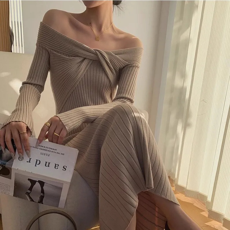 Womens autumn and winter highend n open knit dress unique slim fit warm 240913