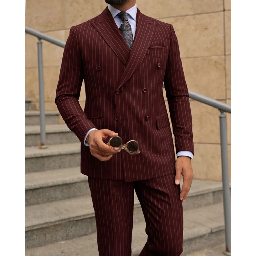 Mens Set of Twopiece Striped Double Breasted Dress Suit Elegant Man Gentleman Clothes Male Suits Formal Wedding Clothing 240914
