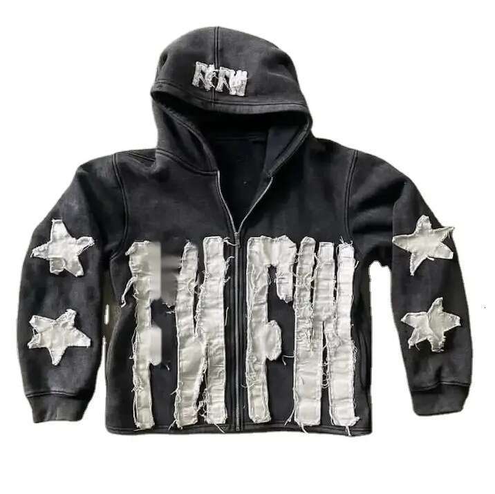 Cross Border Laundry For European And American Foreign Trade, Making Old Zippered Hoodies, Pasting Cloth, Embroidery, Boxy Cropped Zip Up Hoodie 001