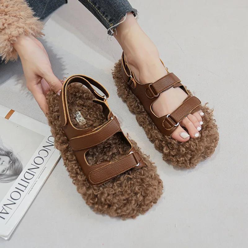 Double belt curly fur sandals womens flat foot pads winter shoes sheepskin sandals 240914