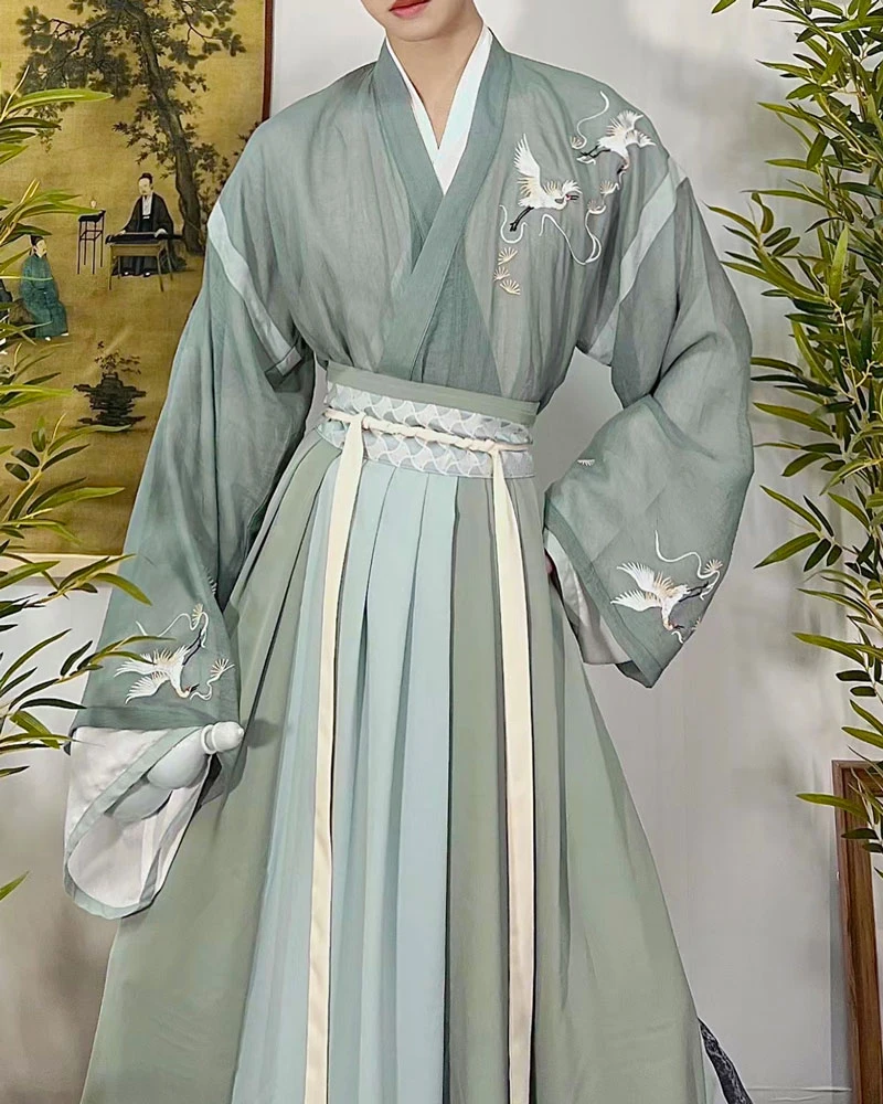 Elegant Pine and Crane Embroidered Hanfu Dress for Men: Traditional Chinese Hanfu Outfit