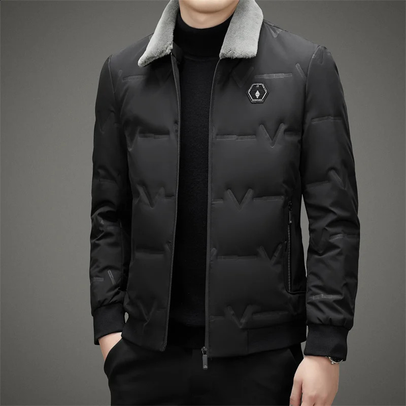 Casual Autumn Winter Mens Lightweigt Fur Collar Duck Down Jackets Business Slim Top Puffer Coats Outwear Warm Down Clothes 240913