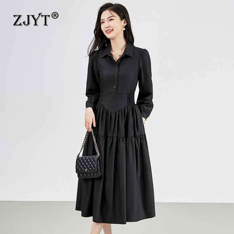 ZJYT Fashion Womens Autumn Long sleeved Midi Shirt Dress Black Turnaround Briefing Office Casual Elegant Tank Top 240913