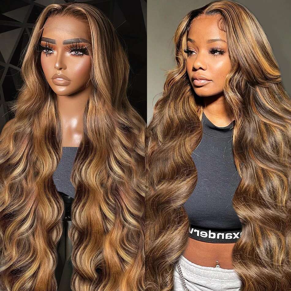 36 Inch 4/27 Highlight Body Wave Human Hair Brazilian Colored Ombre Blonde 13X4 Transparent Lace Frontal Wig For Women
