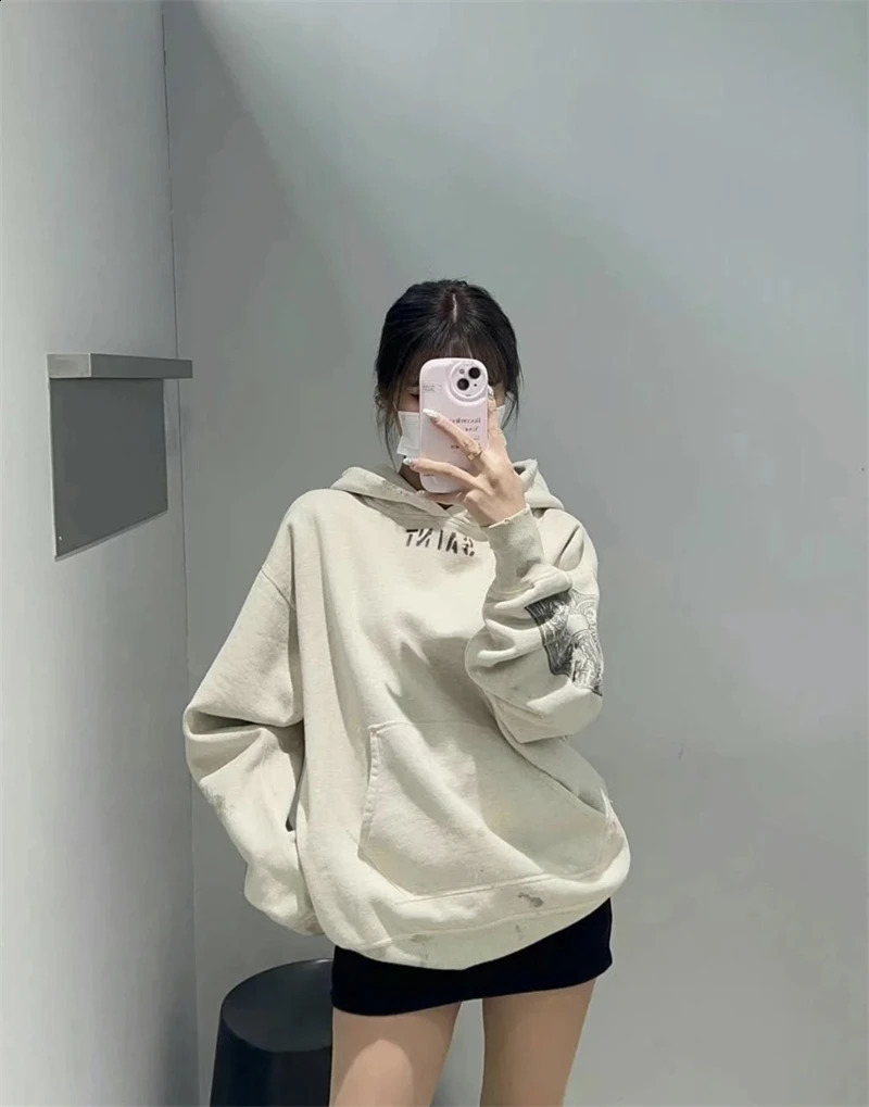 Vintage Washed Printed Pure Cotton Fleece Hoodie High Street Casual Loose Rock Hiphop Oversized Highquality Retro 240910