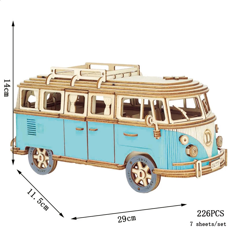 3D wooden puzzle retro bus European style camping car assembly model DIY hands-on ability childrens cultural toys 240913