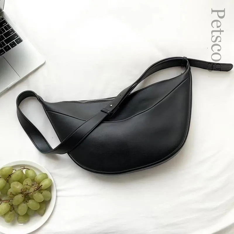 Zipper Womens Casual Shoulder Bag Soft Leather Half-moon Crossbody Bags Fashion Shopper Simple Solid Handbags For Women Black 240913