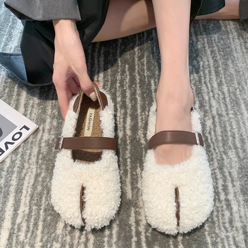 Round toe casual womens shoes autumn Loafers fur shallow mouth boat autumn Moccasin elastic buckle belt casual rubber solid Mary 240914