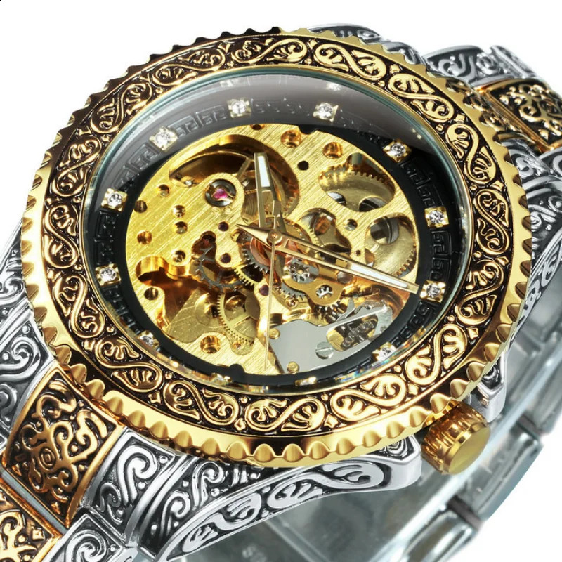 T-Winner Watch Men Fashion Vintage Carved Watches Gold Skeleton Automatic Mechanical Wristwatches Men Reloj Hombre 240906