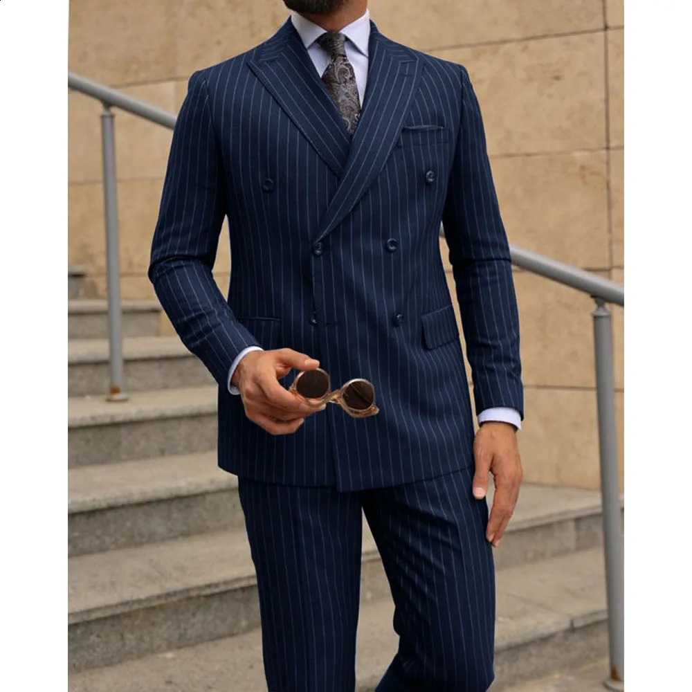 Mens Set of Twopiece Striped Double Breasted Dress Suit Elegant Man Gentleman Clothes Male Suits Formal Wedding Clothing 240914