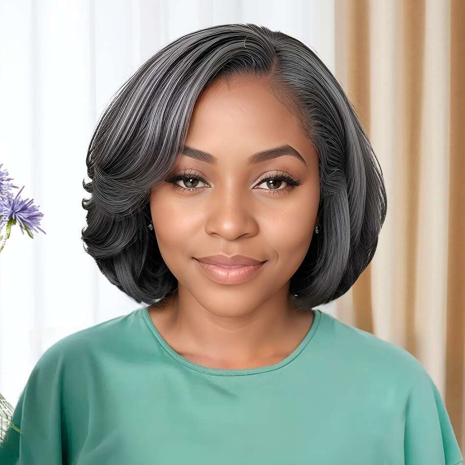 Salt And Peppe Short Bob 5X5 Closure Natural Wave Gray Brazilian Human Hair Lace Front Wig For Black Women