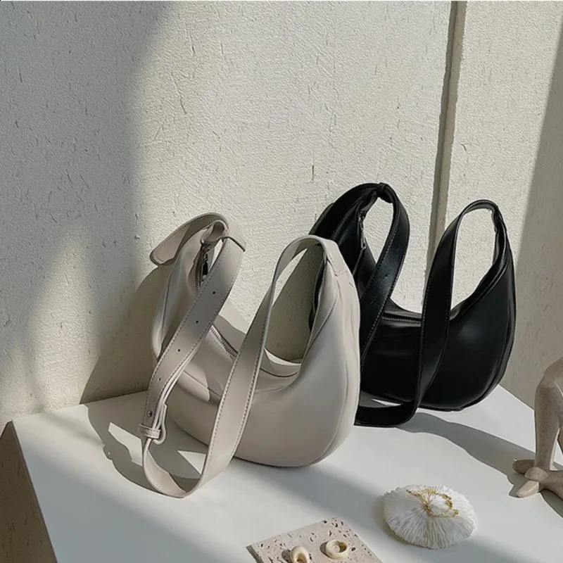 Zipper Womens Casual Shoulder Bag Soft Leather Half-moon Crossbody Bags Fashion Shopper Simple Solid Handbags For Women Black 240913