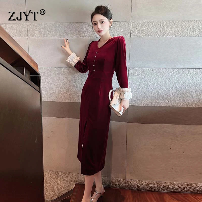 ZJYT Autumn Fashion Retro Midi Velvet Womens Wear ner Long Sleeve Vneck Party Formal Occasion Dress Vestidos 240913