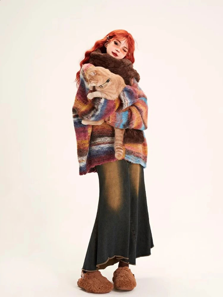 REDDACHiC Y2k Retro Color Block Striped Sweater Jacket Women Oversize V-neck Single-breasted Casual Knit Cardigan Winter Outwear 240906