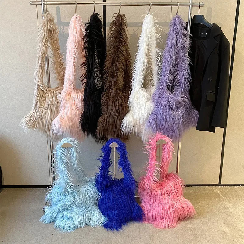 Vintage Plush Y2k Stars Ladies Shoulder Bags Fashion Fur Womens Messenger Bag Sweet Cool Solid Color Female Handbag 240909