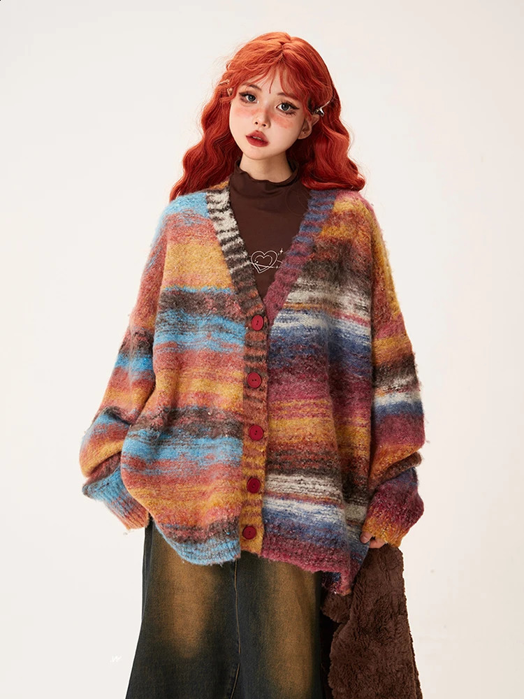 REDDACHiC Y2k Retro Color Block Striped Sweater Jacket Women Oversize V-neck Single-breasted Casual Knit Cardigan Winter Outwear 240906
