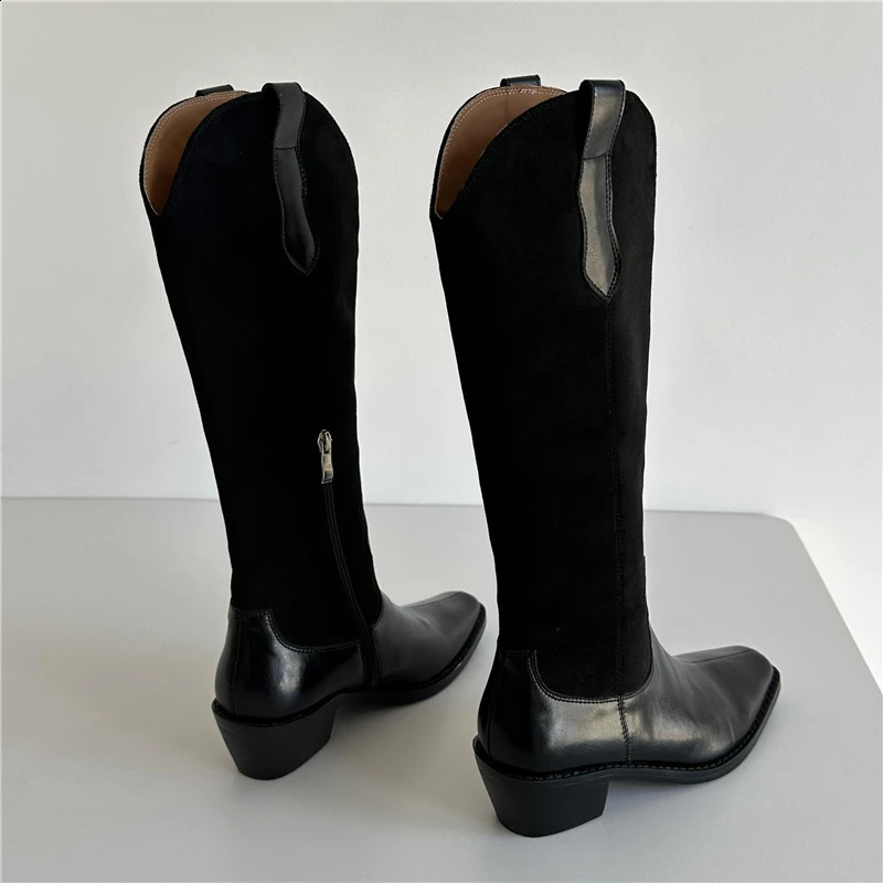 Fashionable short and chubby heel square sole western cowboy boots womens mixed color leather knight boots strapless high heels casual 240914