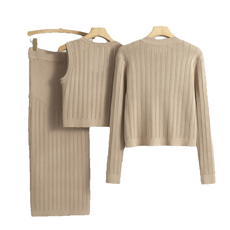 Korea Fashion Spring And Autumn Season Women's New Age Reducing Temperament Knitted Cardigan Midi Skirt 3 Piece Set