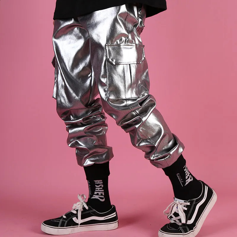 Mens streetwear hip-hop punk silver leather pants mens shiny metal pants personalized harem pants multi pocket cargo pants 240913